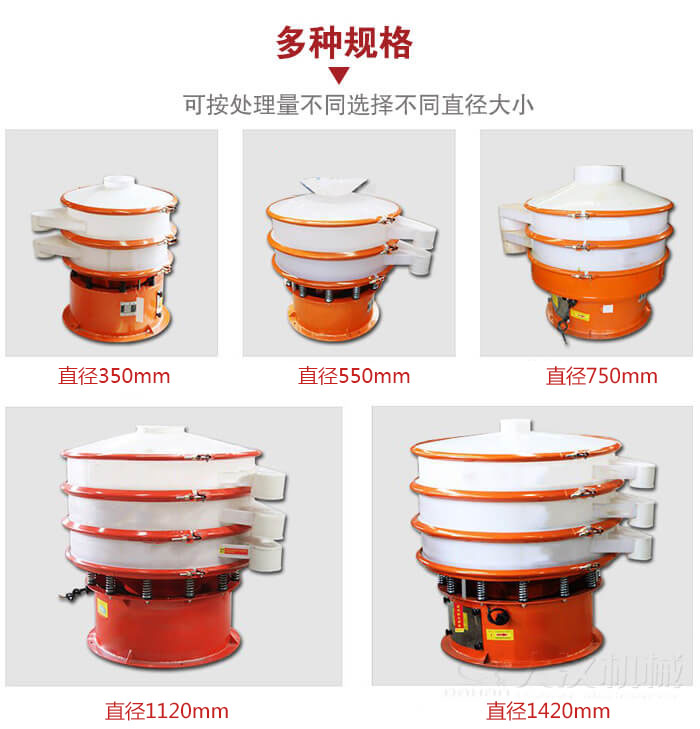 塑料振動篩不同篩分直徑進行展示：350，550，750，1120，1420等。