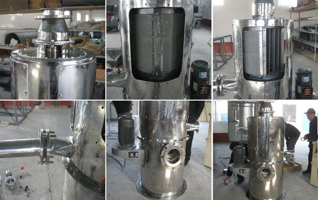 小型立式氣流篩細節：立式氣流篩篩網，立式氣流篩出料口，立式氣流篩電機。