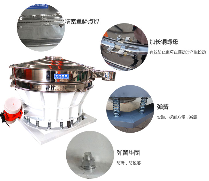 1500直排篩細(xì)節(jié)展示：彈簧，彈簧墊圈，加長銅螺母。